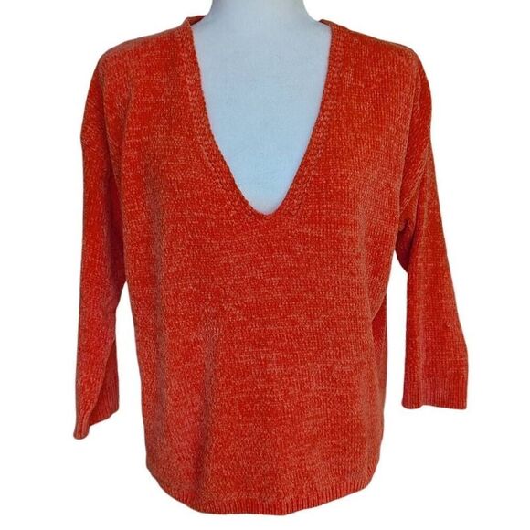 EXPRESS Orange Fleece Knit V Neck Cozy Sweaters Oversized Comfy Texture Size S - Picture 1 of 8
